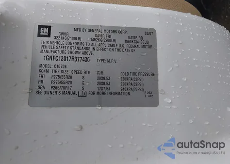 2007 Chevrolet Tahoe Ltz z USA, uszkodzony, nr VIN 1GNFC13017R377436